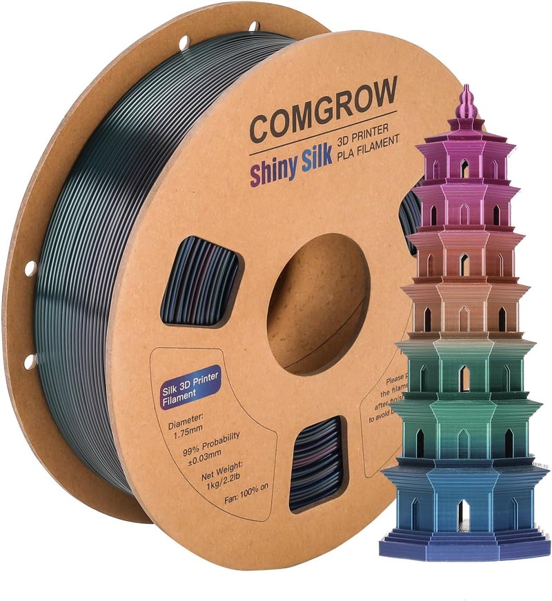 Comgrow Rainbow Colors Silk PLA 3D Printer Filament, PLA Filament 1.75mm, Dimensional Accuracy +/- 0.02 mm, 1KG Spool, Coextrusion 3D Filament with Shiny Silk Rainbow Universe - Image 1